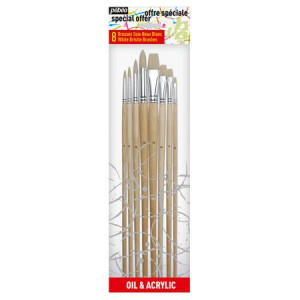 Assortiment de 4 brosses soie beau blanc ronds - N° 4-6-10-14 et plats - N° 2-6-10-14